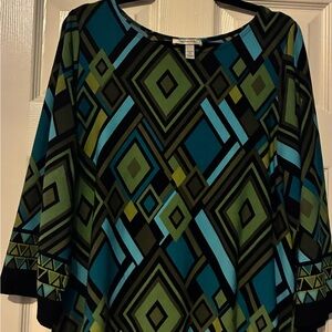 dressbarn Blue and Green Geometric Blouse